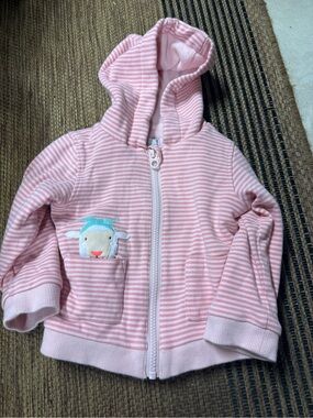Joules Pink and White Striped Hooded Zip-Up Sweatshirt with Lamb Patch